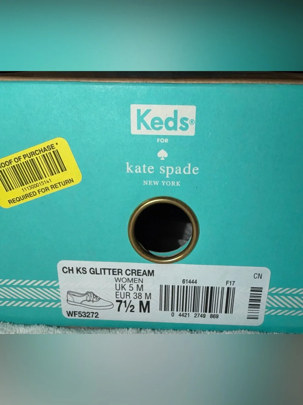 Keds x Kate Spade New York Glitter Sneakers in cream with original packaging